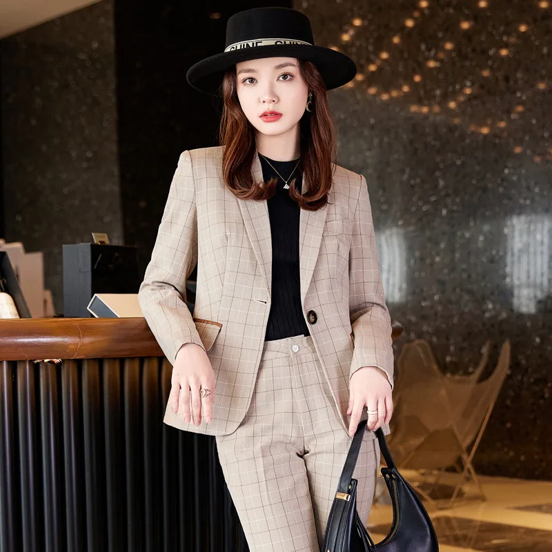 S-4XL High-end Women Business Suit Two-piece Set 2022 Spring and Autumn New Fashion Plaid Jacket Blazer Casual Elegant Trousers