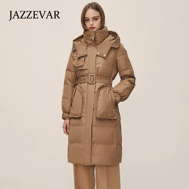 JAZZEVAR 2022 Winter New Style Thickening Waist Fashion Design Long European Down Jacket Female 90 White Duck Down