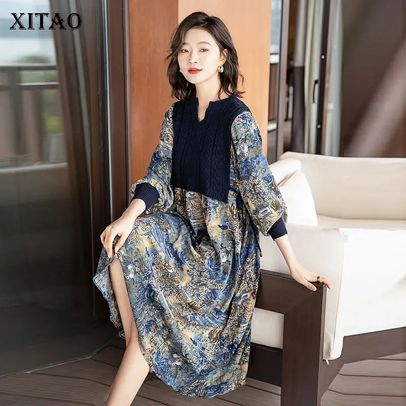 

XITAO, винтажное платье с принтом, модное трикотажное комбинированное платье из двух частей, пуловер с v-образным вырезом и воротником, Бандажн...