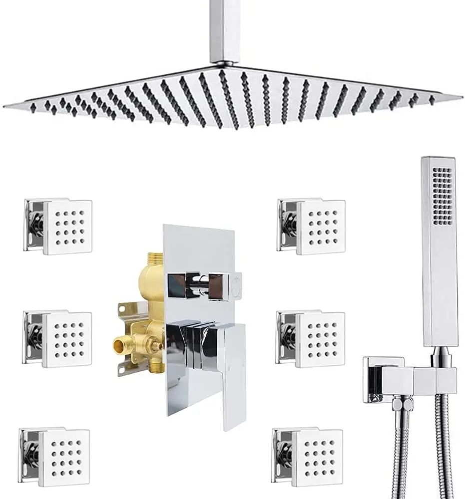 

16-inch ceiling shower set, 6 body nozzles and brass hand shower, shower faucet pressure balance mixing valve