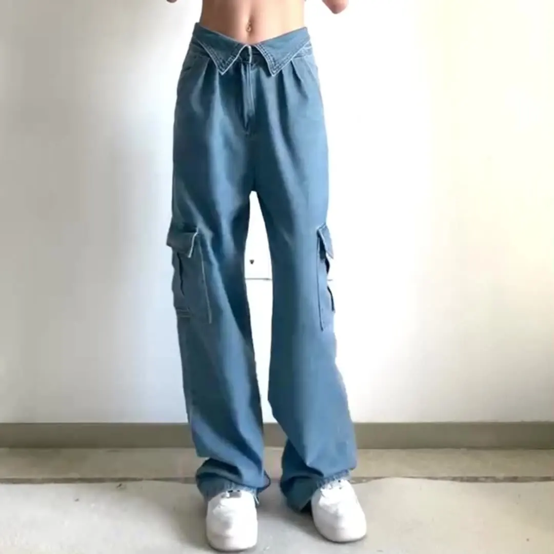 Clothing Manufacturers Custom Turn Down Collar Denim Cargo Pant Jeans Women