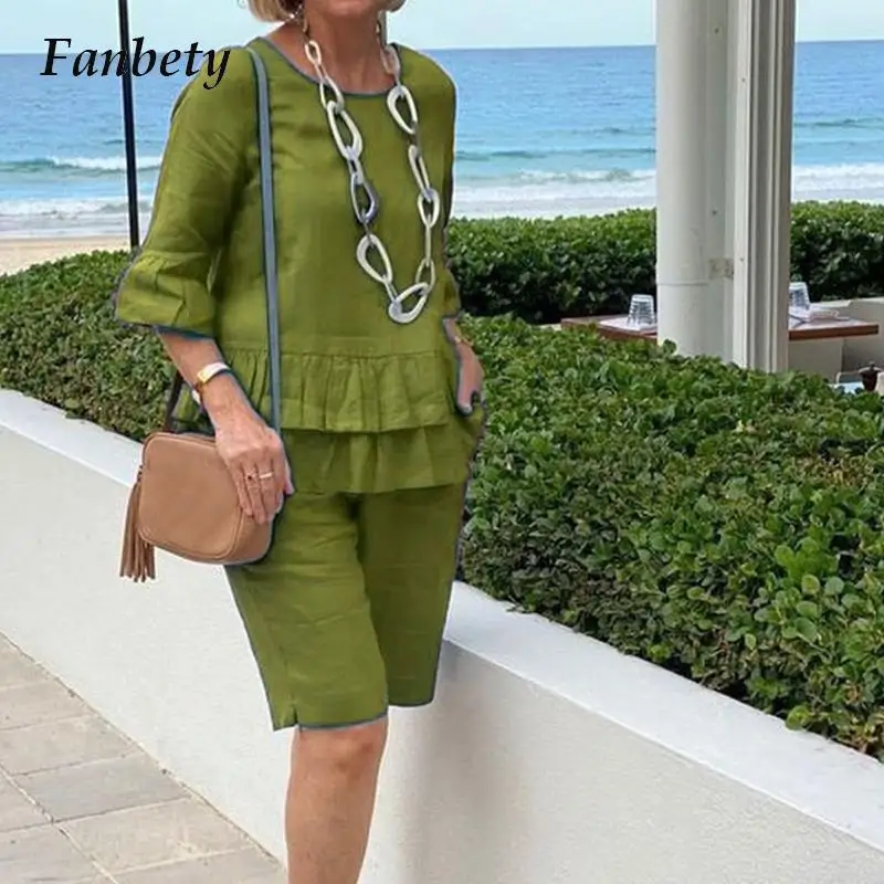 

Summer Ruffle Pleated Straight Suits Ladies Spring Pure Cotton Linen Two Piece Set Fashion O Neck Solid Color Top + Shorts Suit