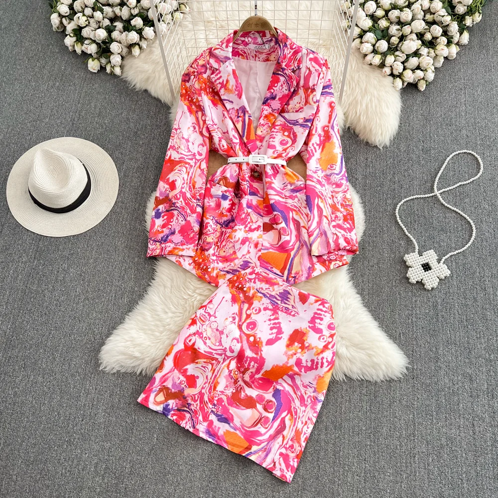 

Fashion Dress Suit Women's European Station Flroal Print Coat Two-piece Set Skirts Suits Outfits