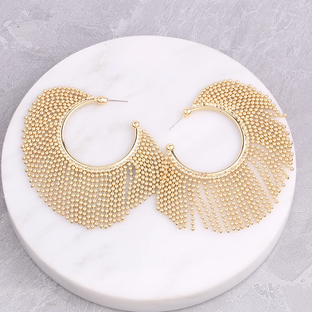 Металлические серьги с кисточками из рисовых бусин модные круглые длинные для