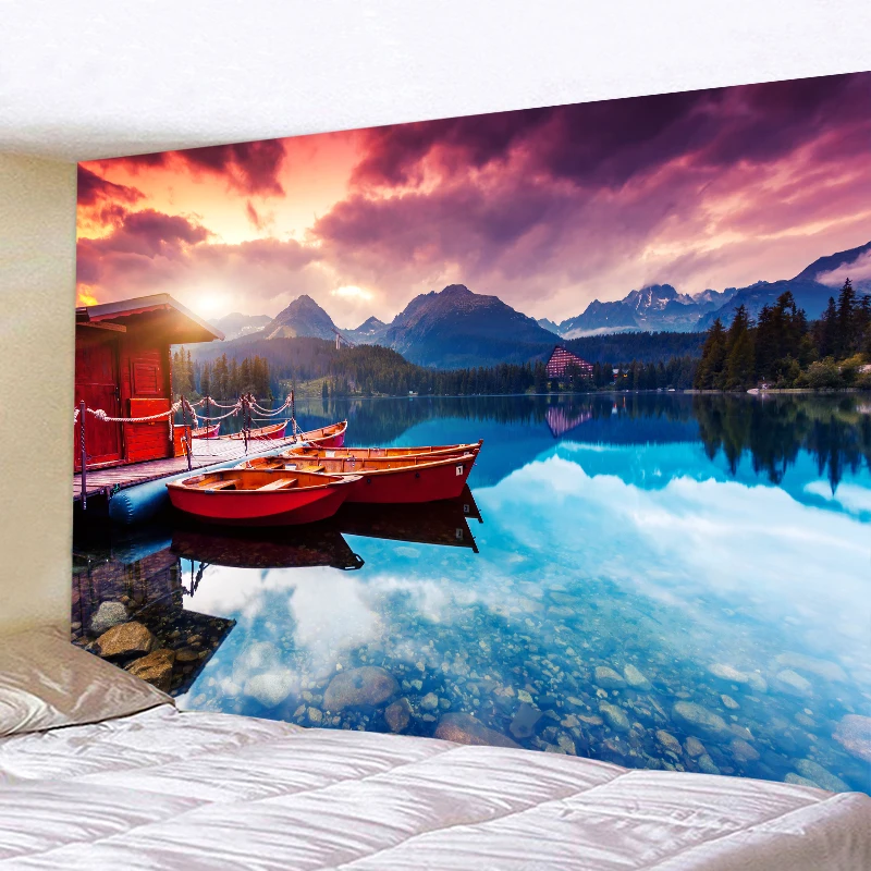 

Sunset Cheap Pink Cloud Tapestry Natural Forest Waterfall Wall Hanging Aesthetic Landscape Lake Art Cloth Home Decoration