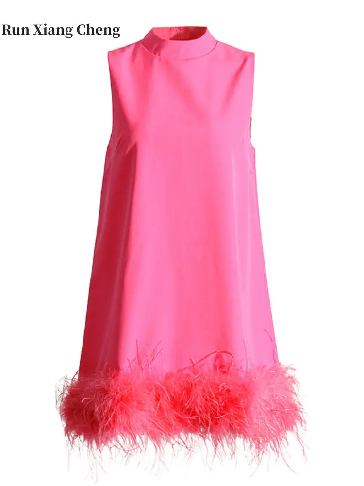 

2023 Summer Women's Dress Y2k Chic and Elegant White Party Short A-line Skirt Sleeveless Feather with Stand Collar Formal Dress