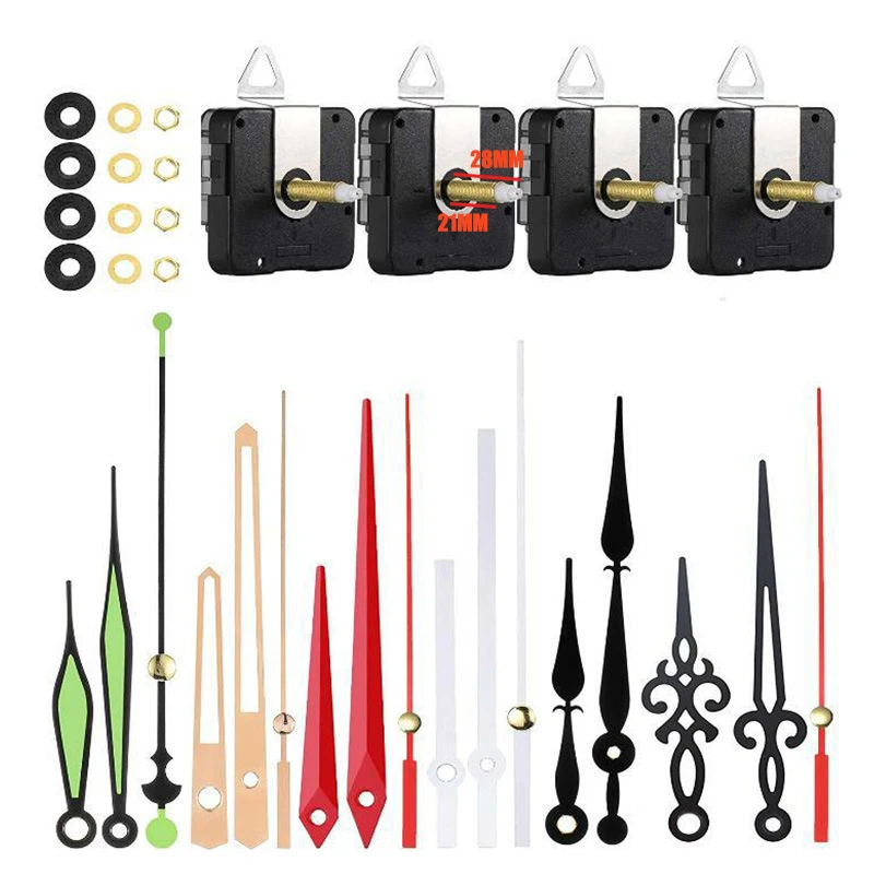 

4sets 28mm Long Shaft Clock Mechanism + 6sets of Pointers for DIY Silent Wall Clock Movement Clockwork Repair Kit Quartz