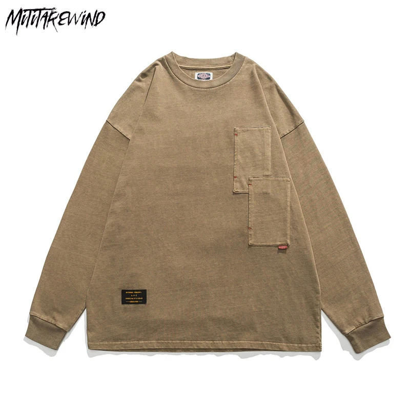 

Folding Double Pocket T-shirt High Street Retro Locomotive Streetwear Round Neck Long-sleeve Loose Casual Washed Old Men T Shirt