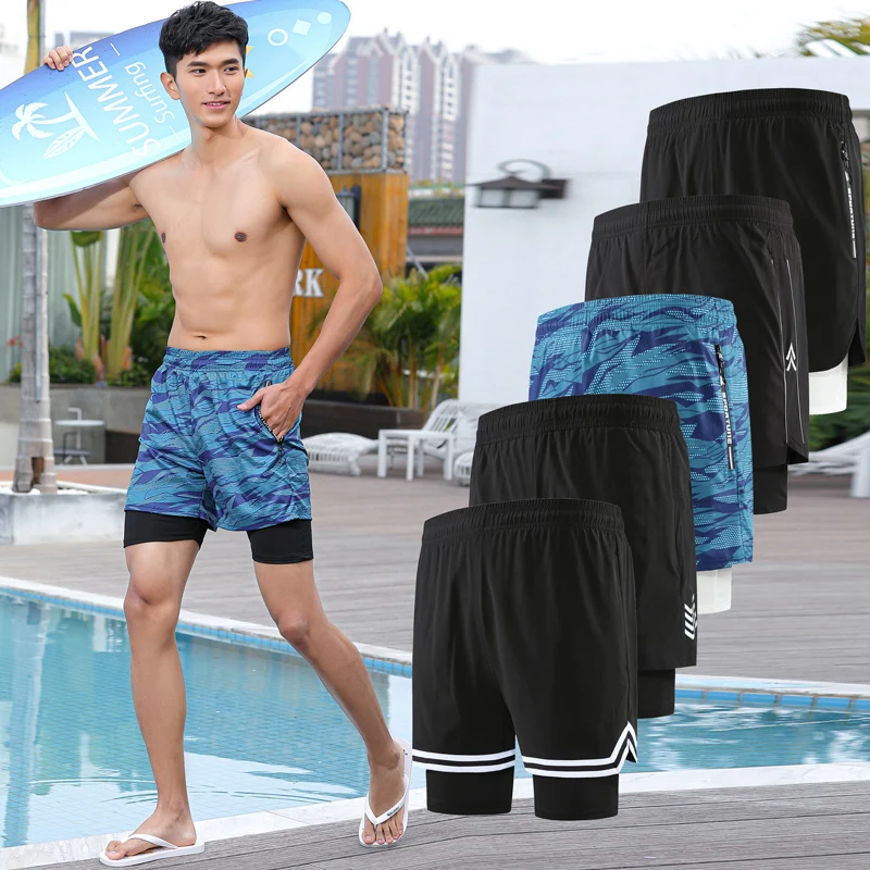 

2 in 1 Shorts Men Fitness Training Exercise Jogging Short Trousers Liner Zipper Pocket Workout Quick Dry Beach Running Shorts