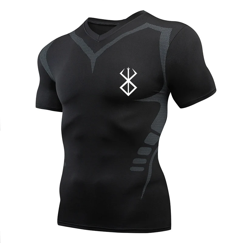 Anime Berserk Print Compression Shirts for Men Short Sleeve Gym Workout Fitness Undershirts Quick Dry Athletic T-Shirt Tees Tops