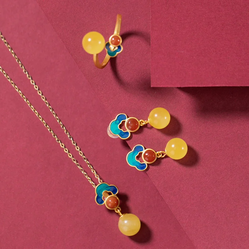 

Yilu Silver S925 Pure Gold Plated Amber Honey Wax Earrings China-Chic Cloisonne Lucky Cloud Ring Pendant