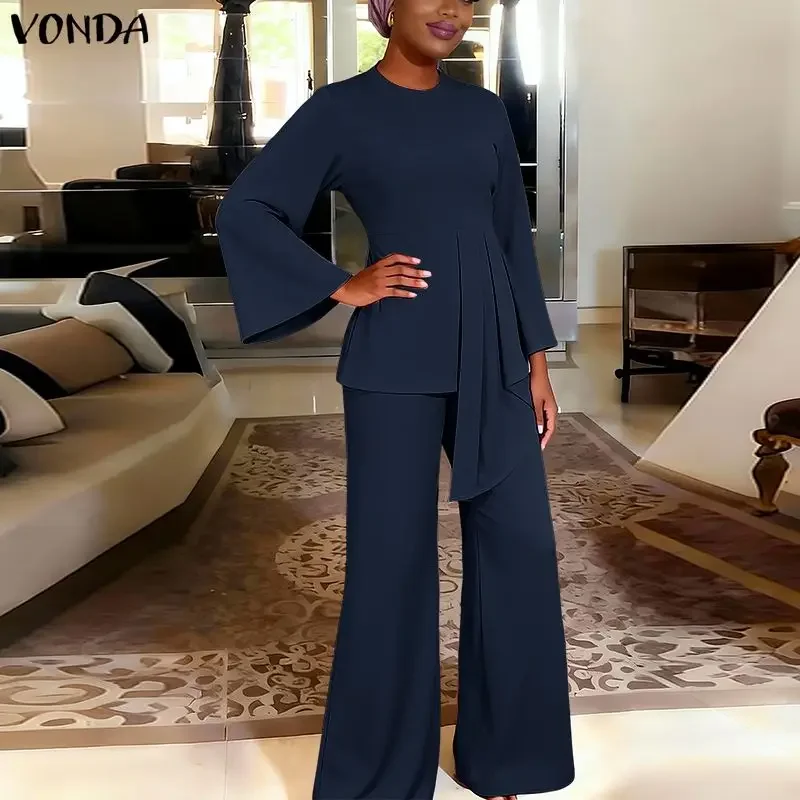 Фото Модный комплект VONDA больших размеров 5XL: женский летний повседневный элегантный офисный костюм из 2 предметов – топ с рукавом 3/4 и брюки с широкими штанинами №3