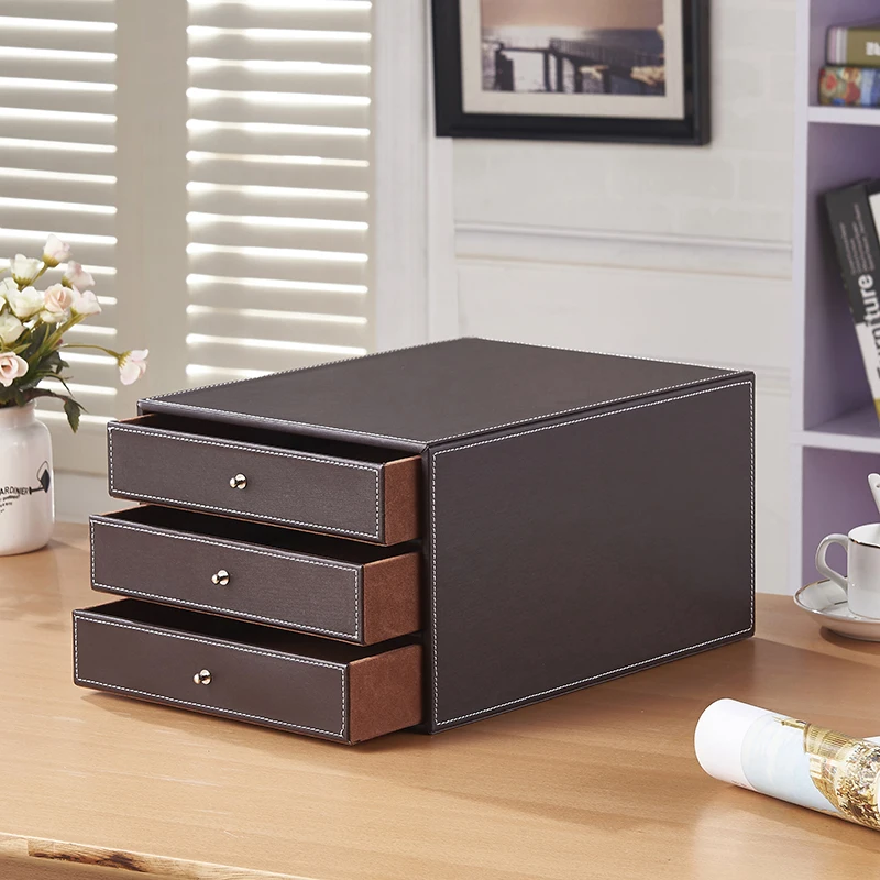 3-layer 3-drawer wood leather desk set filing cabinet storage drawer box office organizer document container holder black 213A