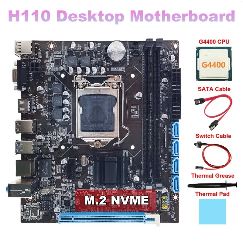 

H110 Desktop Motherboard+G4400 CPU+SATA Cable+Switch Cable+Thermal Grease+Thermal Pad LGA1151 DDR4 For 6/7/8Th CPU