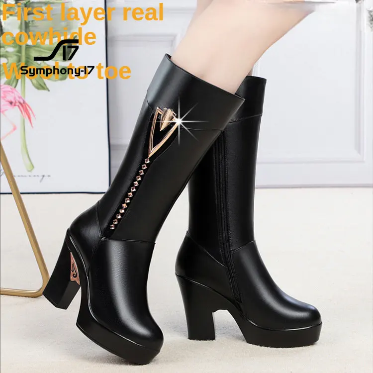 Autumn/winter new leather women's boots high-heeled platform platform block heeled Martin high boots cotton boots wool interior