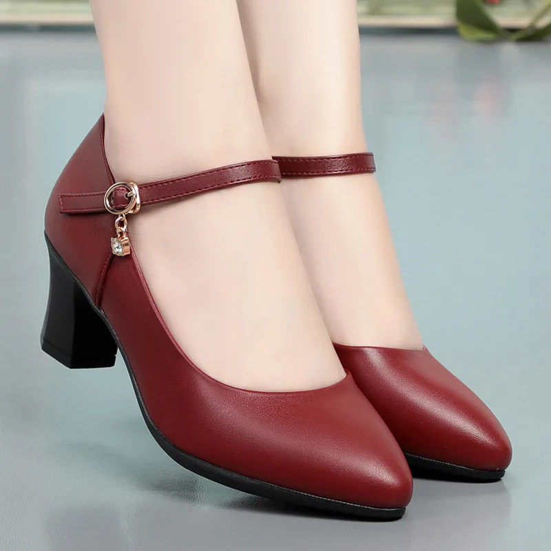 2023 Spring And Autumn New Middle-Aged Mother Single Shoes Soft Leather Women'S Medium Heel Thick Heel Dancing Women'S Leather