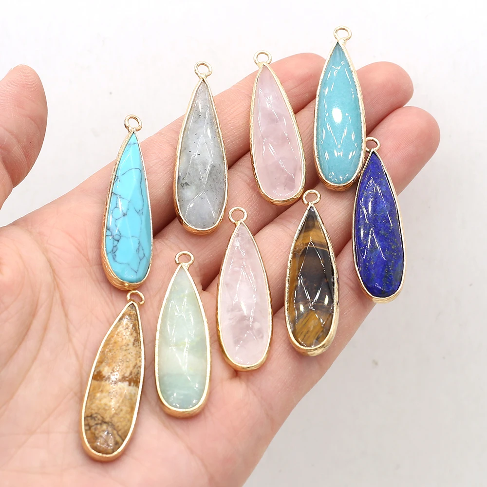 

Natural Stone Pendants Long Waterdrop Shape Faceted Healing Crystal Stone Agate Ornament Charms for Jewelry Making Women Gift