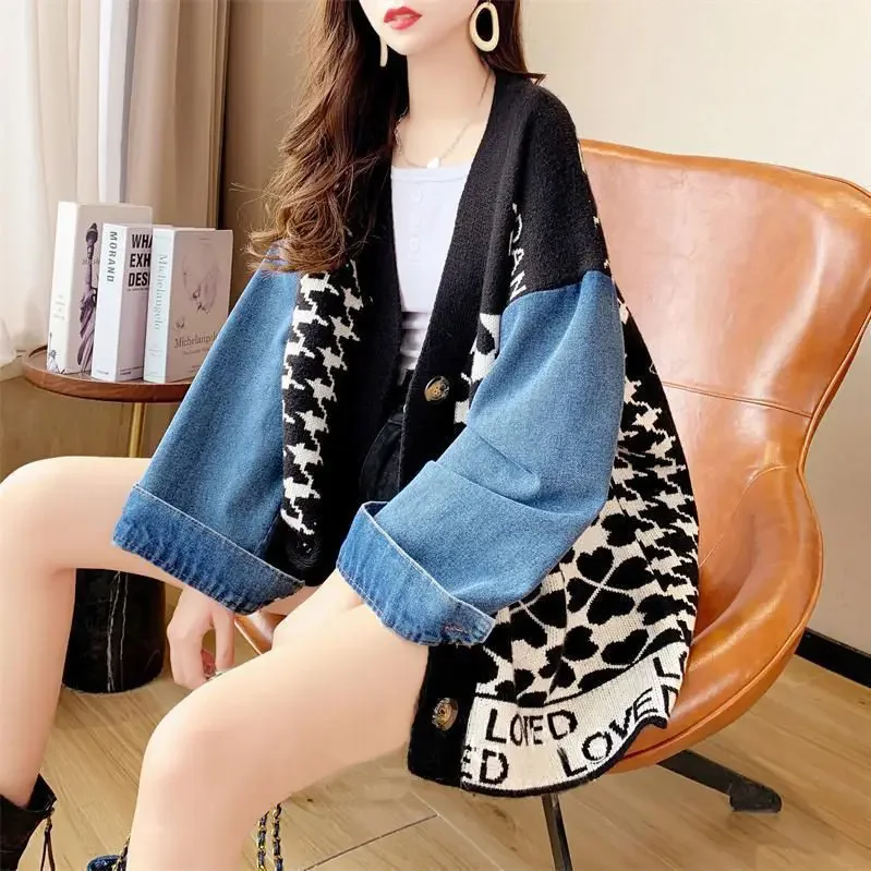 Женский джинсовый вязаный свитер Свободный кардиган оверсайз в японском стиле