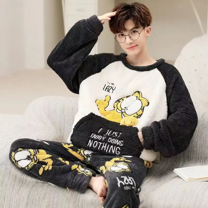Men Winter Pajamas Set Thick Home Clothes 2 pieces Flannel Loungewear Anime Dinosaur Japan Style Pijama for Young Man Nighty