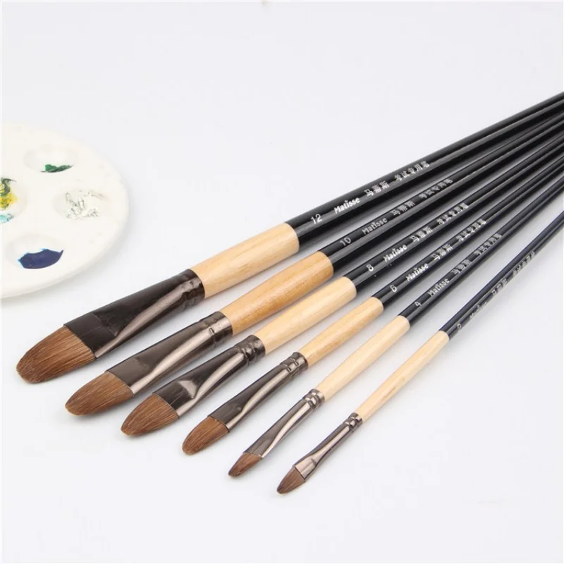 6pcs Horse hair artist oil painting brushes Hazel shap acrylic painting set Long wood two-color rod row pen Student Stationery