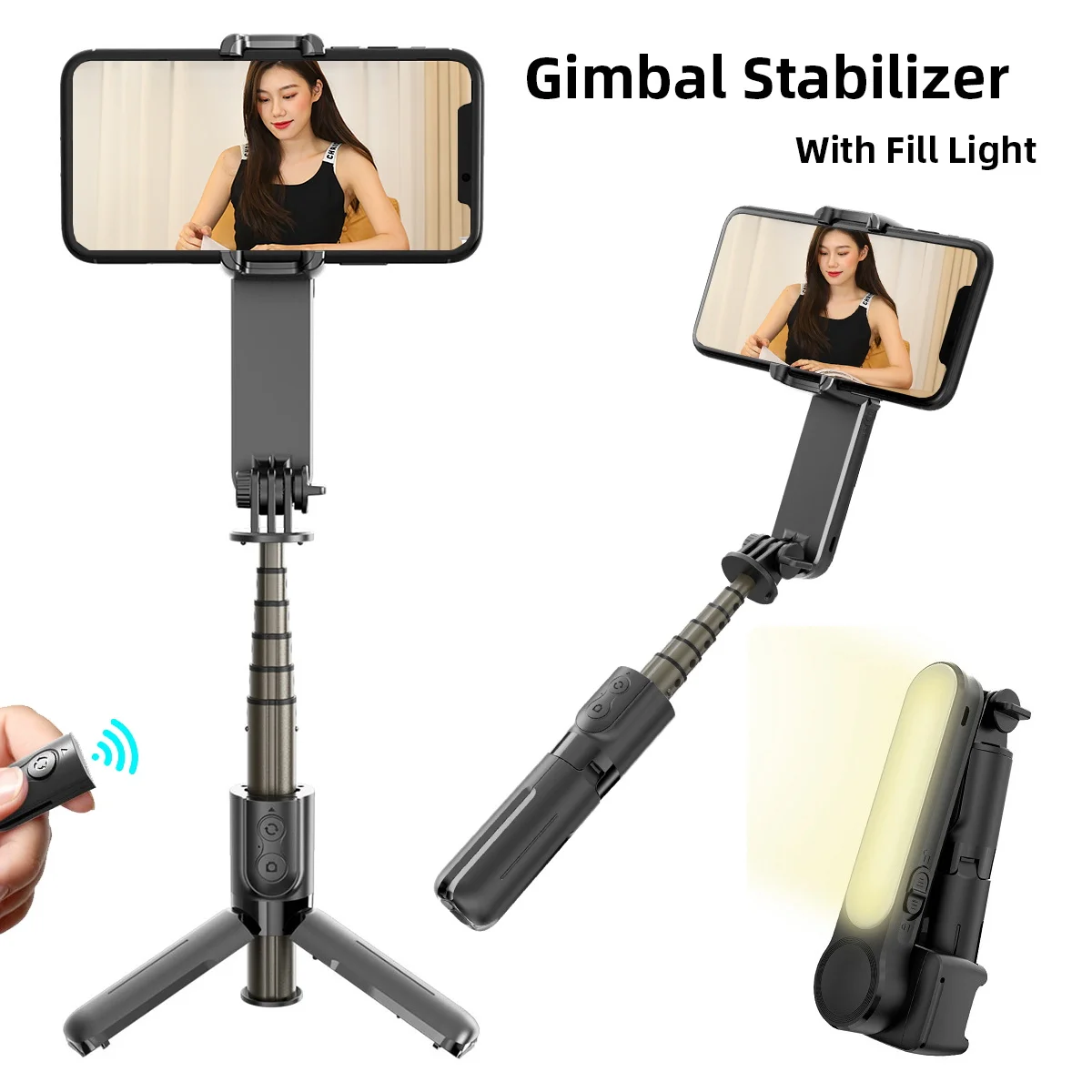 Handheld Gimbal Stabilizer Mini Selfie Stick Tripod with Removable Fill Light Wireless Remote Portable Phone Stand Holder New