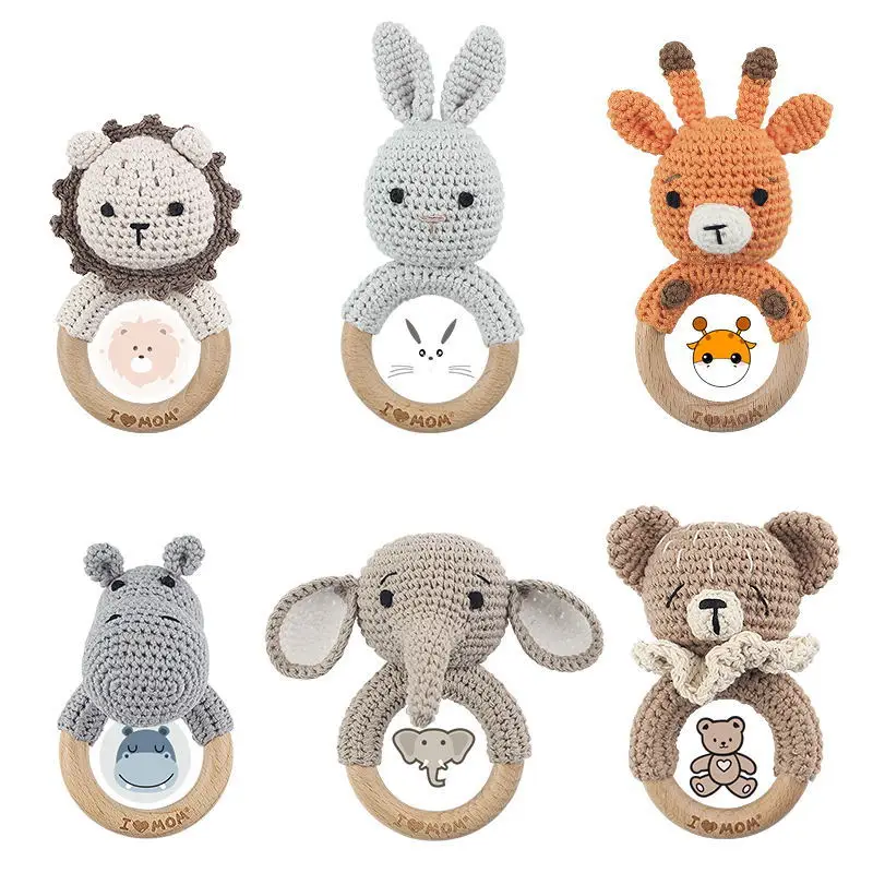 

Baby Wooden Rattle Cartoon Animal Crochet Rattle Wood Soother Teether Bed Stroller Hanging Toy Montessori Infant Toddler Toy