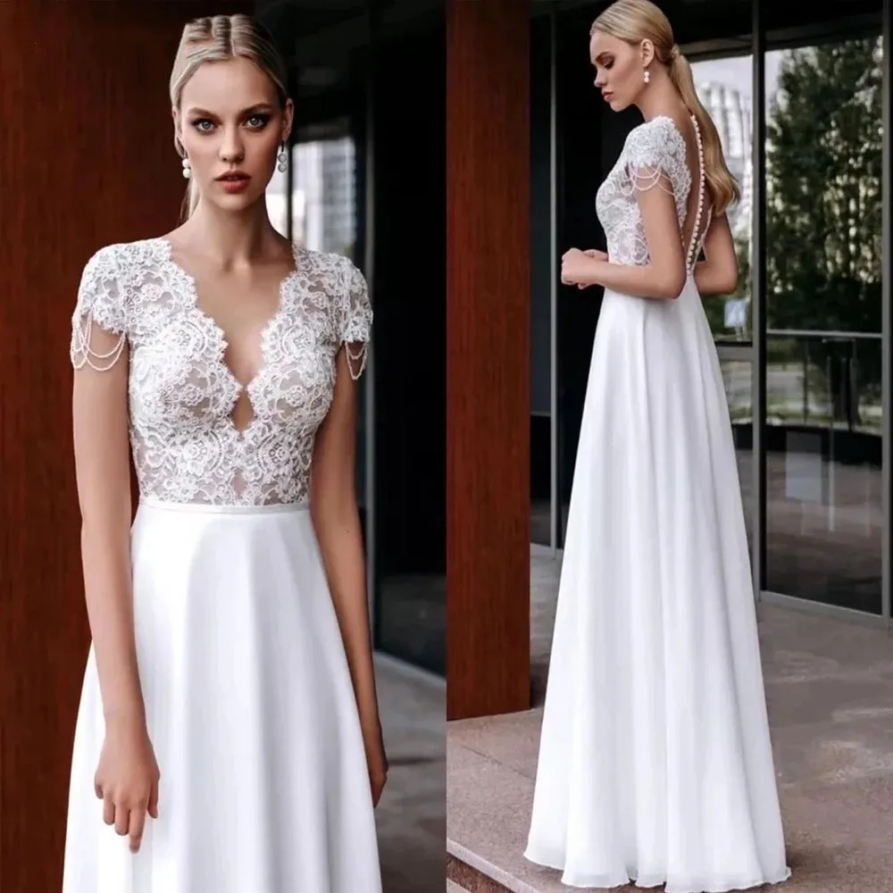 

Lace Deep V-Neck Chiffon Boho Wedding Dresses for Women Illusion Cap Sleeve V Neck Bride Gown Floor Length robe de mariée