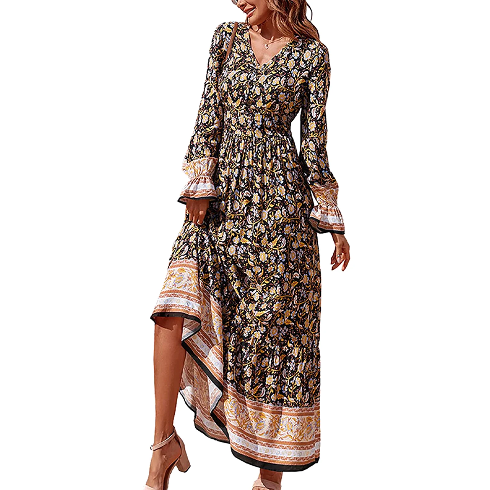 

Women Dress Party V Neck Floral Print Gift Maxi Holiday Beachwear Long Sleeve Spring Fall Casual Lightweight Breathable