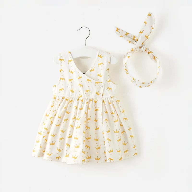 

Girls Dress Summer Princess Dresses Floral Printed Children's Skirt Baby Girl Sleeveless Clothing 2Pcs 0-3Y Girls Dress Headband