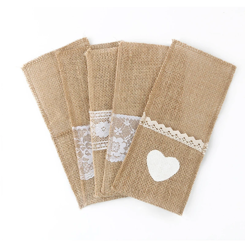 

Rustic Burlap Lace Hessian Table Runner Cutlery Holder Natural Jute Package Fork and Knife For Birthday Party Wedding Decoration