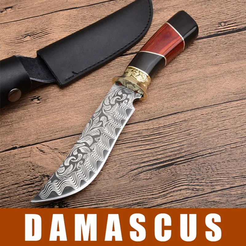 

High Hardness Natural Ebony Antler Handle Damascus Steel Lines 58HRC Damascus Steel Fixed Blade Combat Knife Collection Knife