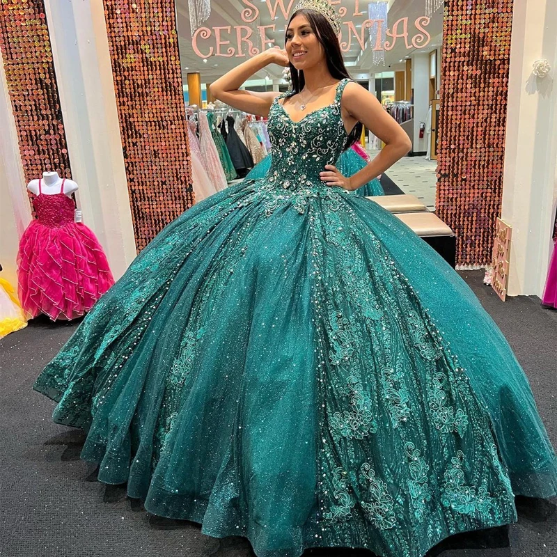 

ANGELSBRIDEP Teal Green Quinceanera Dresses 3D Flowers Prom Graduation Gowns Lace Up Applique Lace Up Corset Sweet 15 16 Dress