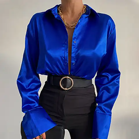 Elegant Vintage Silk Blouse Office Women Long Sleeve Blue Satin Shirt Autumn Green Casual Women Loose Female Shirts Tops 22717