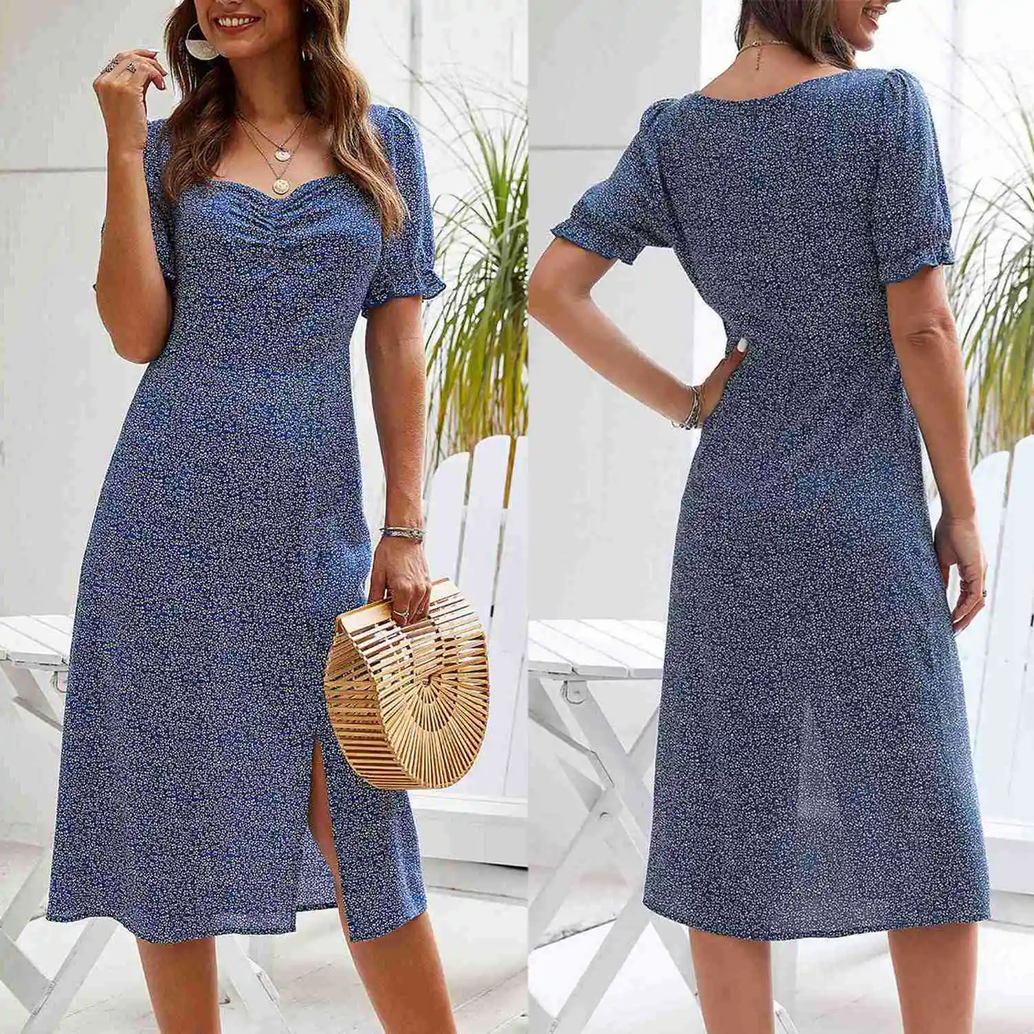 

Retro Printed Square Collar Long Dress Summer Casual Ladies Elegant Slim Split Dress Blue