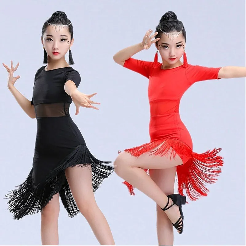 

Kids Latin Dance Dress Fringe Child Latin Dance Costume Black Red Girls Ballroom Tango Salsa Stage Outfits Dancing Dresses Wear