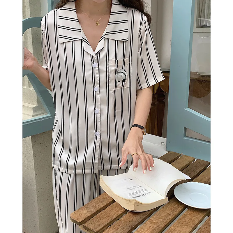 

QSROCIO Couples Silk Like Pajamas Women's Short Sleeve Cardigans Pants Luxury Home Clothes Set Thin Loose Casual Sleepwear