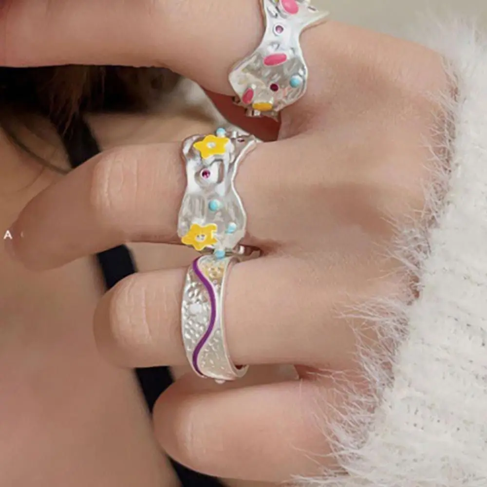 

New French Opening Adjustable Index Finger Rings Cold Wind Simple Geometric Enamel Drip Glaze Zircon Flower Ring Women's Jewelry
