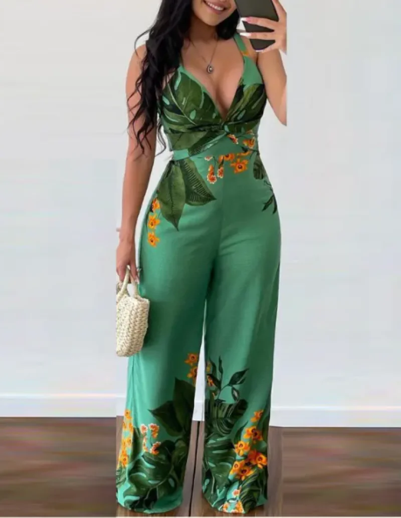 2022 Summer New Fashion High Waist Sling Overalls Woman Clothes Streetwear Sexy V Neck Tropical Floral Print Jumpsuit for Women