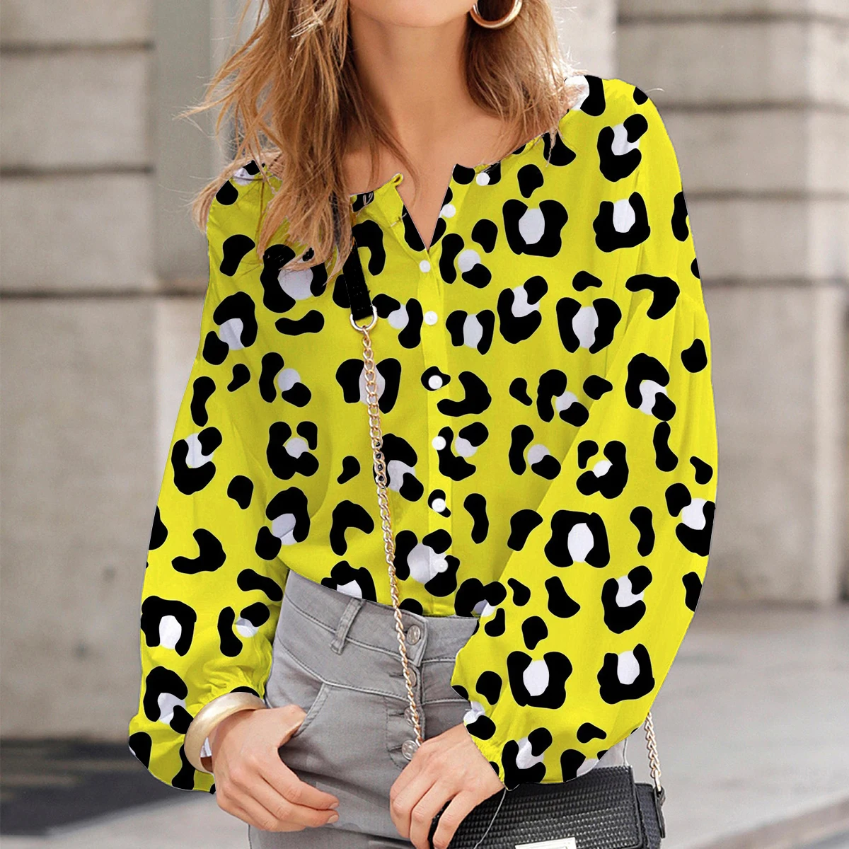 

Женская шифоновая блузка с круглым вырезом, элегантная офисная рубашка с рукавами-фонариками, модный Приталенный топ с леопардовым принтом...