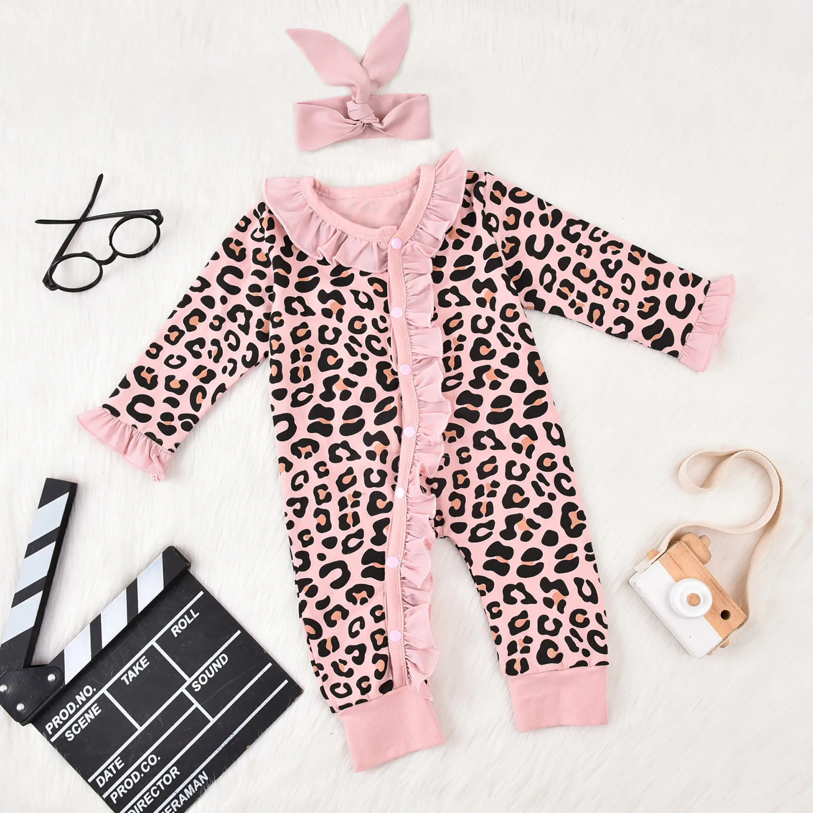 

Toddler Kids Infant Girls Boys Leopard Prints Romper Jumpsuit Hairband 2pcs Set Outfits Easter Gifts for Infant Girl