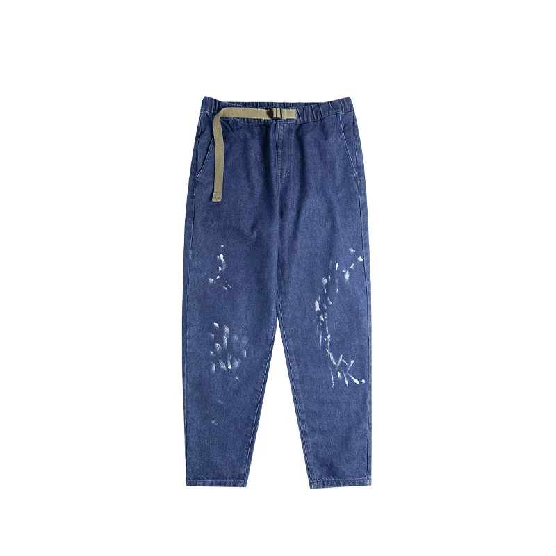 Maden Casual Denim Jeans For Men Elastic Waist Loose Straight Long Pants Dark Blue Baggy Trousers Streetwear Brand Clothing