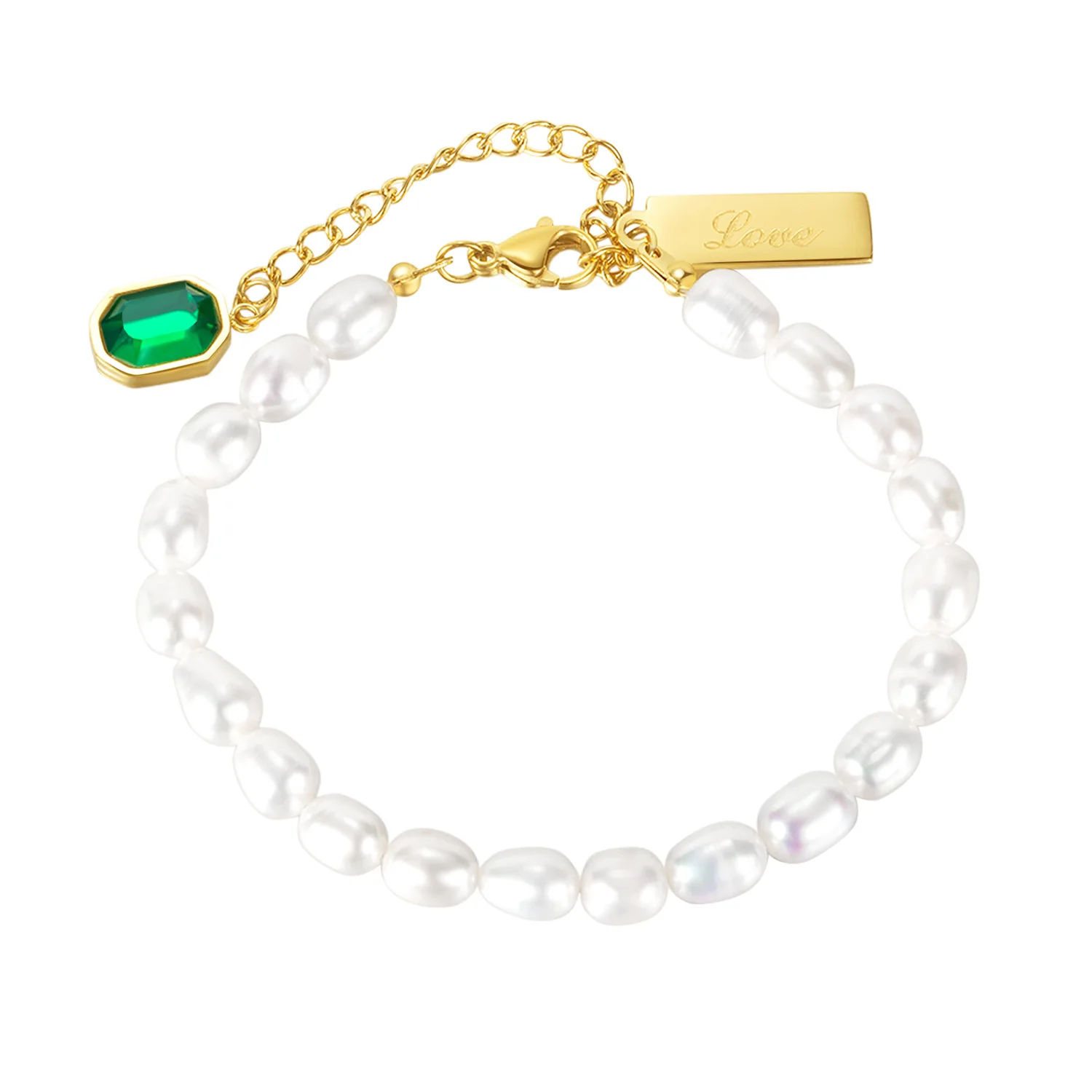 

Wholesale Fashion Retro Emerald Zircon Square Exquisite Temperament Senior Freshwater Pearl Ladies Bracelet