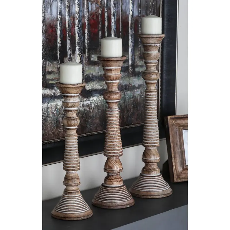 

3 Candle Light Gray Mango Wood Handmade Candle Holder, Set of 3