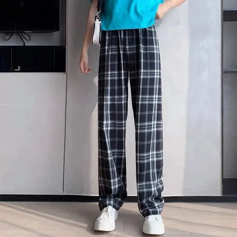 2023 Summer Elastic High Waist Wide Leg Pants Sweet Baggy Pantalones Mujer Casual Trousers Candy Colors Thin Plaid Pants Women