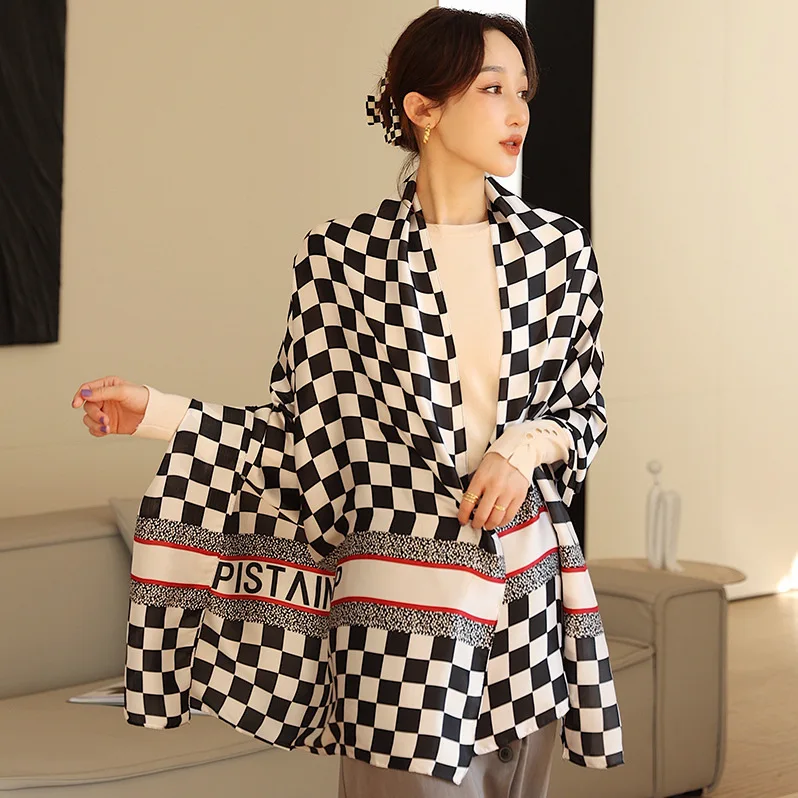 

Классический клетчатый шарф для женщин, сезон весна-осень 2022, атласная шаль, шаль в клетку, верхняя подходящая куртка