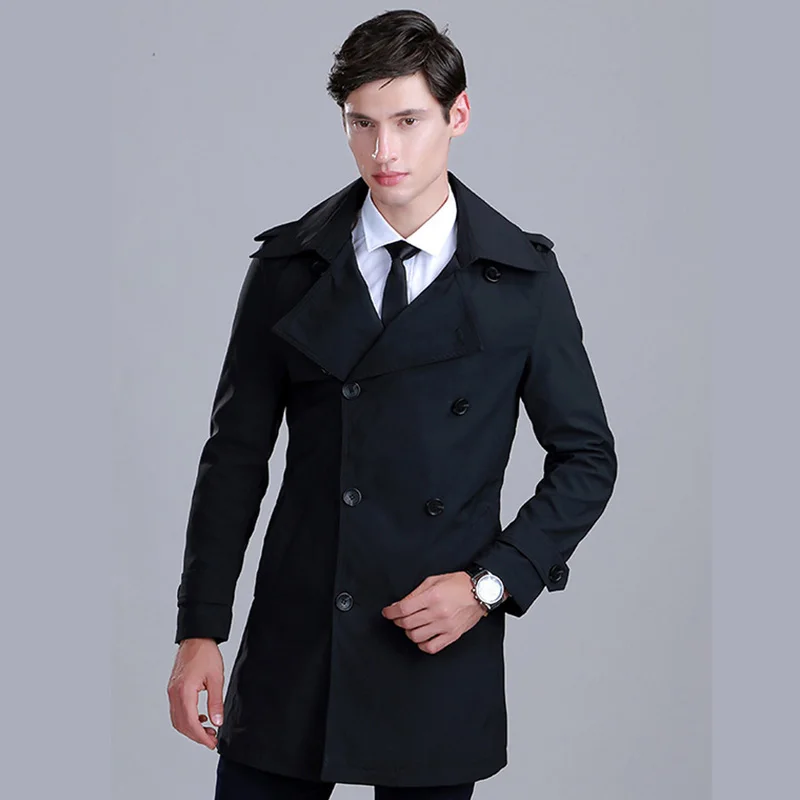 LUCLESAM Men Double Breasted Trench Coat Autumn Winter Fashion Lapel Mid-length British Style Overcoat Plus Size M-8XL