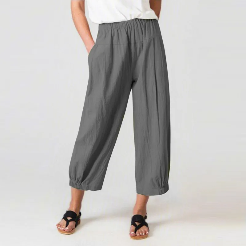 Elastic Waist Cotton Linen baggy Ninth Pants Casual Loose Vintage Haren Pants 2023 Summer Women Fashion Solid Wide Leg Trousers