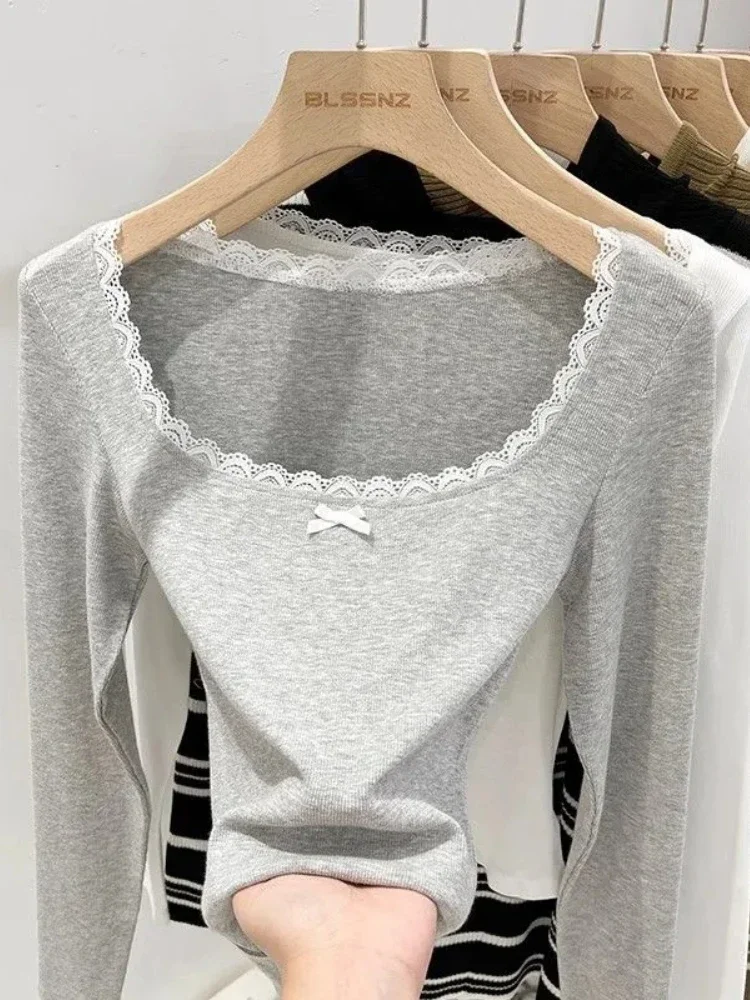 Весенние топы с бантом Y2k женские белые тонкие кружевные квадратным вырезом