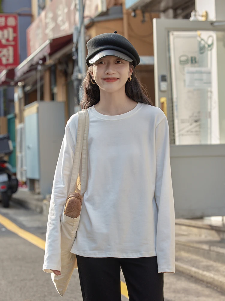 Белая хлопковая рубашка с круглым вырезом и длинными рукавами женская осенняя