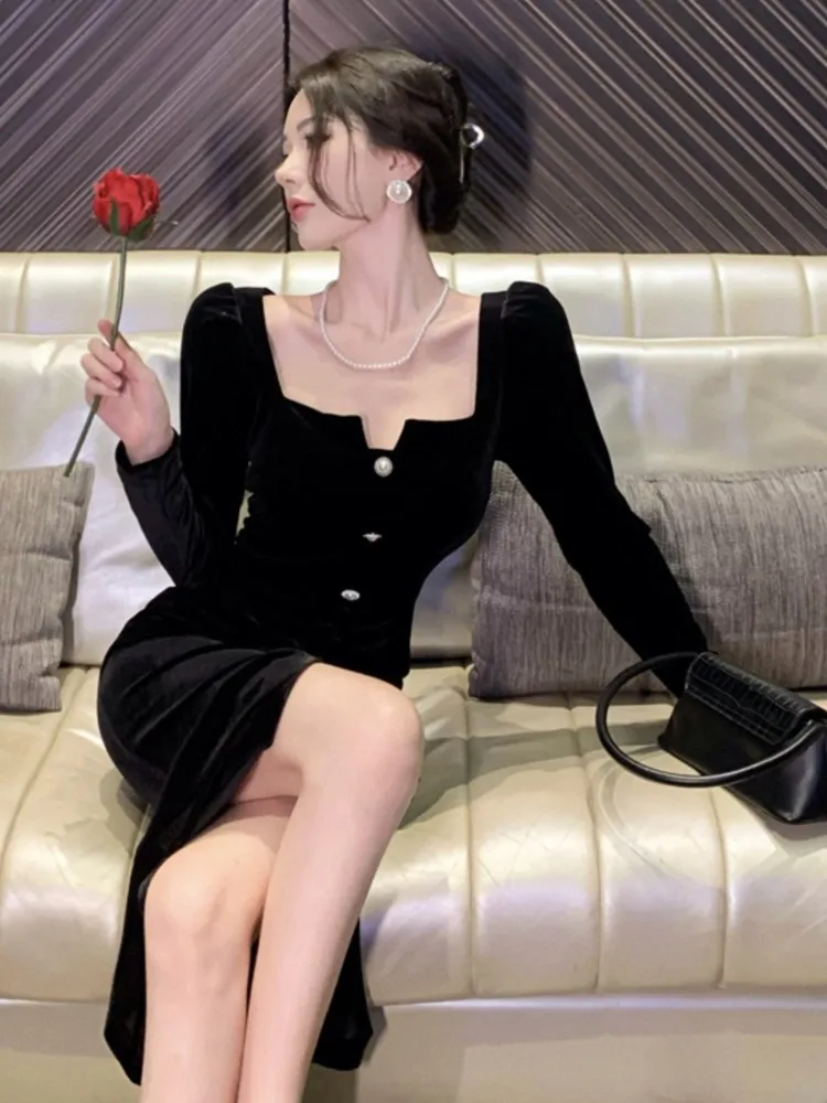 Сексуальное винтажное бархатное черное платье для женщин осеннее облегающее